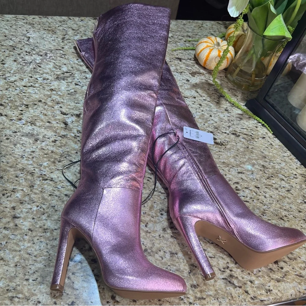 Brian Atwood x Express Bubble Metallic Over The Knee Heeled Boots 9